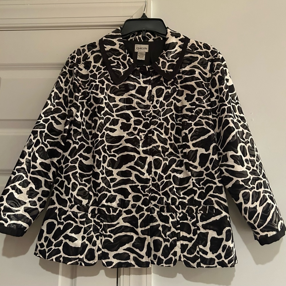 Chico's Black and White Jean Jacket with Animal Print